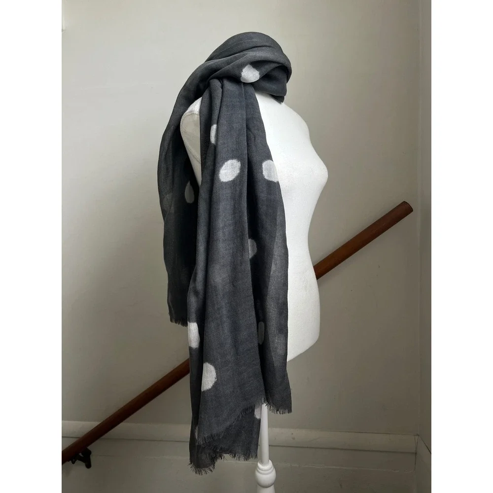 Galeries Lafayette Scarf Gray White Polka Dot Wool Frayed Fringe Wrap Shawl